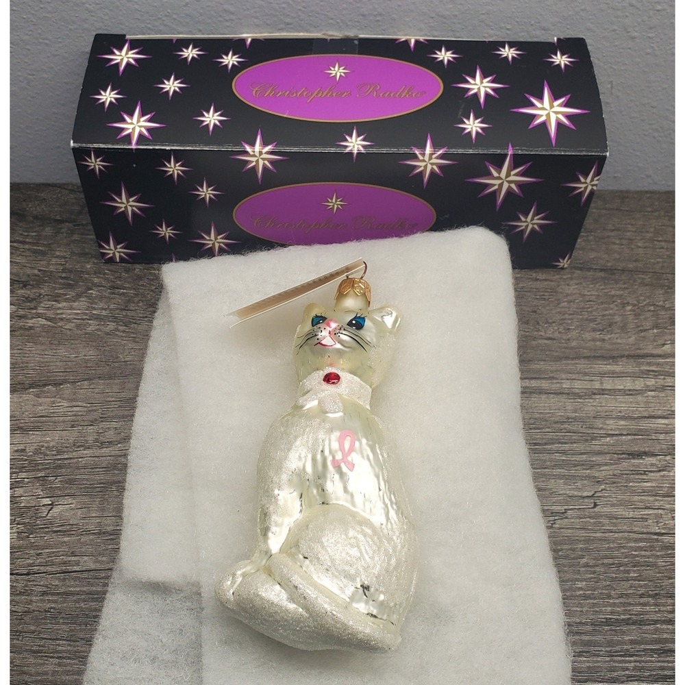 Vtg Christopher Radko Felina's Heart Cat Glass Christmas‎ Ornament Breast Cancer